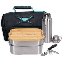 Fan Lunchpaket in Makita Kühltasche mit Edelstahl Brotdose 2 Etagen Bambus Deckel 1340 ml + Edelstahl Trinkflasche 500 ml + 4 in 1 Multifunktions