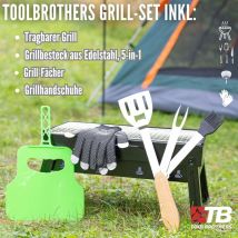 Toolbrothers - Parrilla de carbón portátil de exterior para camping set de montaje sin herramientas 43 x 29 x 23 cm negro + cubiertos, guantes y