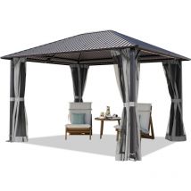 Gartenpavillon 3x3,65 m mit Stahldach - Hardtop Pavillon mit 4 Seitenteilen und Moskitonetzen in Grau - Toolport