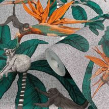 Topchic - Papier peint Monkey Jungle Leaves Vert et gris Noordwand