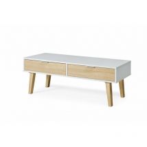 Topkit - Mesa de centro serie Nórdica 2274 Mesa auxiliar salón 2 cajones Medidas: 44x120x50 cm blanco y roble
