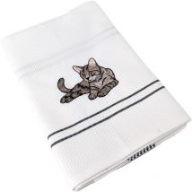 Torchon nid d'abeille waffle brodé Chat