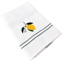 Torchon nid d'abeille waffle brodé Citron