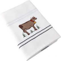 Torchon nid d'abeille waffle brodé Vache