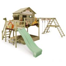 Wickey - Torre de juegos parque infantil Disney Quest con columpio y tobogán, casita de zancos con arenero, escalera para trepar y accesorios de