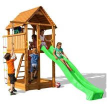 Fungoo - Parco giochi in legno fortress Casetta con Scivolo, Arrampicata e Sabbiera
