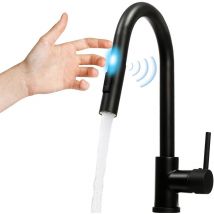 Touch On Sensor Wasserhahn Schwarz Küchenarmatur mit Ausziehbarer Brause, 360° Drehbar Spültischarmatur, Einhand-Spültischarmatur, Mischbatterie