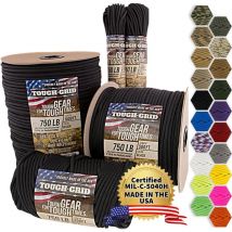 Tough-grid - PC50 340kg Paracord - 100% Nylon Militärspezifikationen Typ iv - für Militär, Camping, Kunsthandwerk, Hängematten, Notfälle - Schwarz
