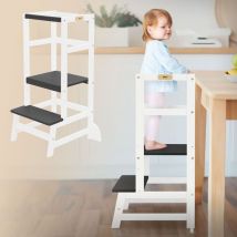 Tour d'Apprentissage pour Enfants, Chaise d'Observation Montessori à partir de 1 an, Bois Blanc-Gris, Barre de Protection, Hauteur Réglable,