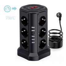 ZVD - Tour de multiprise contre la foudre et les surtensions – multiprise avec 5 ports usb et 12 prises, multiprise avec 3 interrupteurs, noir