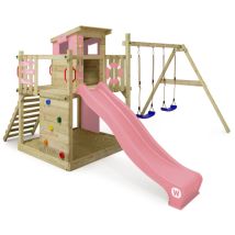 Wickey - Tour De Jeux En Bois Smart Camp Avec Balançoire Et Toboggan, Cabane Avec Bac À Sable, Échelle De Corde Et Accessoires De Jeu – Rose Pastel