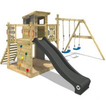 Aire de jeux Portique bois Smart Camp avec balançoire et toboggan anthracite Cabane enfant exterieur avec bac à sable - Wickey