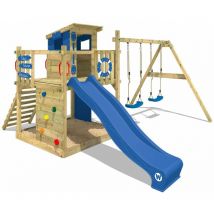 Wickey - Aire de jeux Portique bois Smart Camp avec balançoire et toboggan bleu Cabane enfant exterieur avec bac à sable, échelle d'escalade &