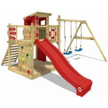 Wickey - Aire de jeux Portique bois Smart Camp avec balançoire et toboggan rouge Cabane enfant exterieur avec bac à sable, échelle d'escalade &