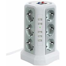 Tour Multiprise Parafoudre Et Surtension, Multiprise Electrique Avec 5 Ports Usb Et 12 Prises, Multiprise Avec Et 3 Interrupteurs, Blanc + Gris 