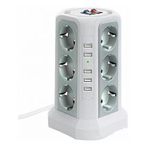 Tour multiprise parafoudre et surtension, Multiprise Electrique avec 5 Ports USB et 12 Prises, multiprise avec et 3 Interrupteurs, blanc + gris