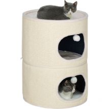 Tour pour chat modulable zippée 3 parties - tonneau griffoir chat 2 pompons - sisal naturel peluche crème