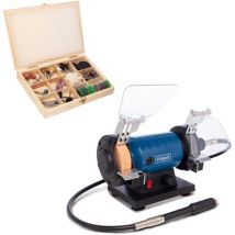 Touret à Meuler HG35 - 120W - Avec arbre flexible - Meule K120 et Disque à Polir K400 Ø75 mm - Pare-étincelles & Support de pièce - Coffret de 103