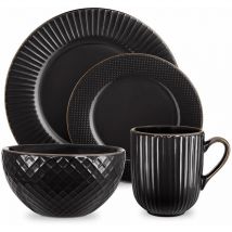 T867002BLK Empire 16 Piece Dinnerware Set, Stoneware, Black and Brass - Tower