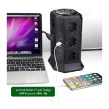 Bleosan - Torre protectora contra sobretensiones de 12 salidas con 5 puertos usb 45A - Cable de 2 m - Negro