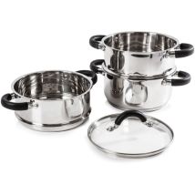 T80836 Essentials Vaporiera Pentola Induzione Per Cottura Vapore A 3 Ripiani Con Coperchio In Vetro, In Acciaio Inox Con Manici In Silicone, 18 Cm, 