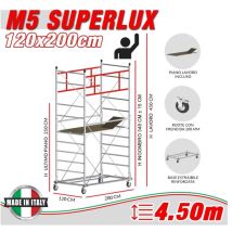 SCEDIL Trabattello M5 SUPERLUX – Altezza lavoro 4,50 metri – Base estraibile 200x120 cm – Ruote girevoli 200 mm
