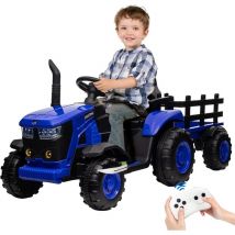 Tracteur Electrique Enfant avec Remorque, Batterie 12V, Roue Motrice Arriere et Phare a led et Musique, Ceinture de Securite et Telecommande, pour