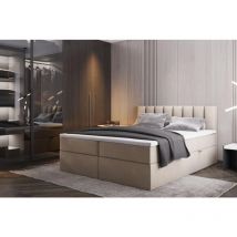 Lit adulte 200x200 cm palermo - avec matelas, rangement et surmatelas - tissu velours - beige