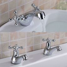 Nes Home - Stafford Victorian Traditional Cross Head Chrome Twin Bath Filler Taps & Basin Sink Mono Mixer Tap