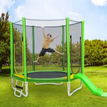 Trampolín infantil de jardín con escalera, barras acolchadas, toboganes, red de seguridad y funda protectora (293 x 213 cm), color verde