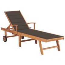Transat chaise longue bain de soleil lit de jardin 200 cm terrasse meuble d'extérieur avec coussin taupe bois de teck solide