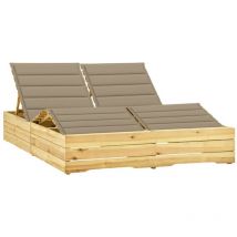 Transat chaise longue bain de soleil lit de jardin terrasse meuble d'extérieur double et coussins beige bois de pin imprégné