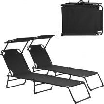 Casa.pro - Transats [2er Set] pliable 190cm noir avec toiture pare-soleil de relax acier
