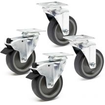 Wiltec Transportrollen Set 100mm 2x Lenkrolle mit Bremse und 2x Lenkrolle ungebremst, 80kg pro Rad