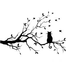Readcly - Tree Branch Leaves With Cat Wall Decals Stickers Removable Vinyl Bird Decal Sticker Home Decor Room Decorations Black