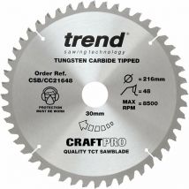 Lama per sega CraftPro tct a gancio negativo, diametro 216 mm x 48 denti x foro 30 mm, punta in carburo di tungsteno, CSB/CC21648 - Trend