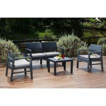 Ipae Progarden - Salón de Jardín Carpi, Conjunto de jardín con 2 sillones, 1 sofá y 1 mesa de centro, Zona de estar efecto ratán con cojines, 100%