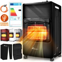 Tresko - 4200 Watt Gasheizer schwarz inkl. Gasdruckregler Gasschlauch + Abdeckung Gasofen Gasheizofen Keramik mit 3 Stufen Infrarot Gasheizgerät