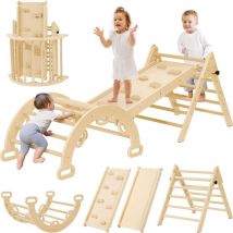 Triangle d'Escalade 7 en 1 pour Enfants avec Toboggan,Rampe Double Face,Échelles,Équipement de jeu Montessori,Aire de Jeux pour Bébé 1 Ans+,Naturel