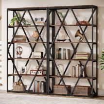 Tribesigns - 71-inch Tall Bookshelf Set of 2, 6 Tier Industrial Large Bookcase, Freestanding Open Book Shelf Display Shelf, Wood Bookshelves Storage