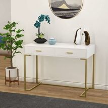 Bureau d'Ordinateur, Bureau d'Ecriture avec 2 Tiroirs de Rangement, Simple et Moderne, Table Console, Rectangulaire, Blanc et Doré - Tribesigns