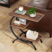 C-Shaped End Table for Living Room, 3-Tier Narrow Side Table with Storage, Wood Sofa Side Table with Geometric Metal Frame, Industrial Nightstand and