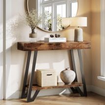 Tribesigns Console Table 103cm with Metal Frame, Rustic Brown, Entryway Table, Storage Shelves, 2-Tier, Industrial, Hallway Sofa Table, Accent Table,