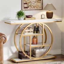 Tribesigns - Mesa consola industrial de 41.3 pulgadas, mesa de entrada de sofá de 4 niveles con base circular, mesas estrechas de madera con estantes