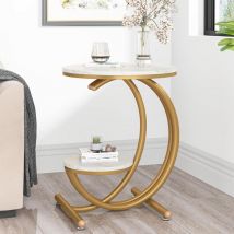 Tribesigns - Moderner Beistelltisch mit Kunstmarmor-Tischplatte, 2-stöckiger Beistelltisch mit C-förmigen Metallbeinen für Wohnzimmer, Weiß und Gold,