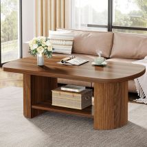Tribesigns Oval Coffee Table, Mid-Century 2-Tier Coffee Table with Storage Shelf, Modern 115cm Accent Center Table with Wooden Dual Base for Living