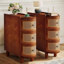 Tribesigns Solid Wood End Table Set of 2, 3-Drawer Rattan Side Table, Night Stand with 3 Rattan Drawers and Exquisite Embossed Handles for Living