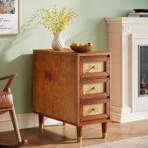 Tribesigns - Solid Wood End Table with 3 Drawers, Narrow Sofa Side Table with Rattan Front, Mid-Century Slim Nightstand with Storage for Living Room,