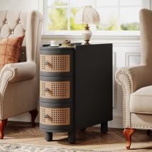 Solid Wood Side Table, 3-Drawer Rattan with Exquisite Embossed Handles for Living Room, No Assembly Required (Black & Oak) - Tribesigns