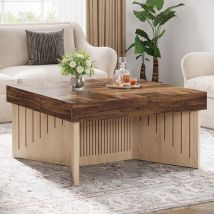Tribesigns - Table basse carrée en bois de 90 cm, table basse centrale de ferme avec lignes gravées, table basse pour salon